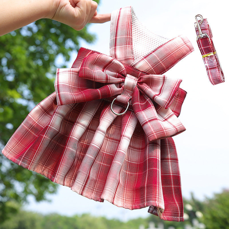 Pet Dog Cat Plaid Tank Top Traction Clothes Teddy Going Out Skirt Chest Belt Walking Dog Rope Supplies