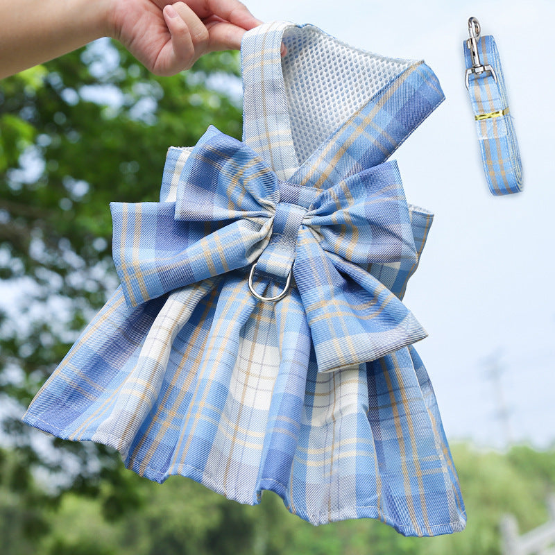 Pet Dog Cat Plaid Tank Top Traction Clothes Teddy Going Out Skirt Chest Belt Walking Dog Rope Supplies